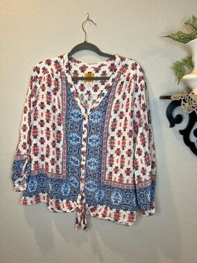 Ruby Rd. Red Blue White Boho Geometric Button Down Tie Hem V Neck Blouse Sz 2X